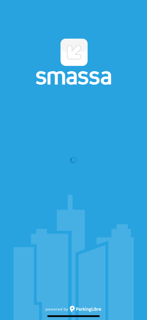 Tela inicial do aplicativo de estacionamento SMASSA para Málaga com o logotipo e a silhueta do horizonte da cidade