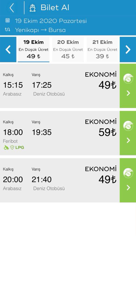 İDO Mobile - IDO Mobile app ferry ticket search screen showing departure times and prices from Yenikapi to Bursa