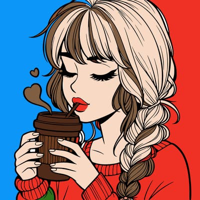 realistic girl drinking coffee