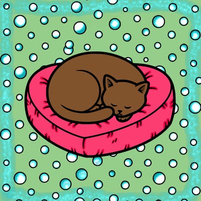 a cat sleeping on a heart shaped cat bed with a polka dot backround