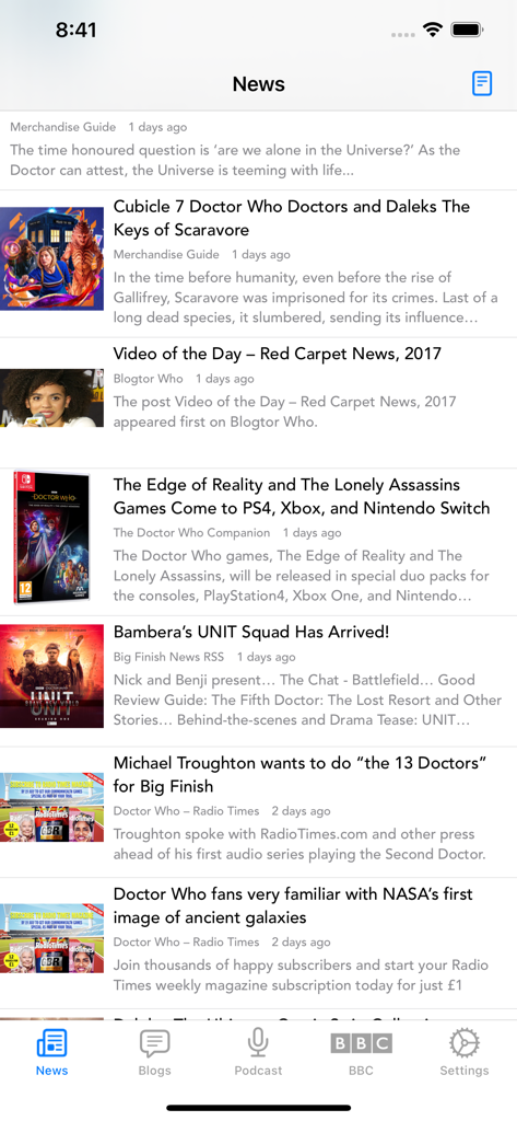 DW WhoNews for Doctor Who - Mobile interface of the DW WhoNews app showing a curated feed of Doctor Who articles and news updates