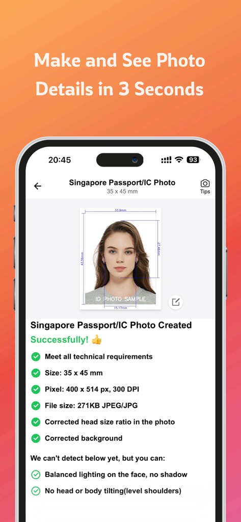 IC Photo Singapore Pro - A smartphone screen showing a successfully created Singapore passport photo with a checklist of met technical requirements and specifications