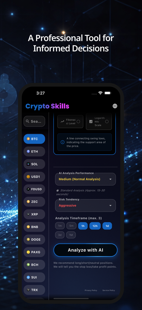 Crypto Skills: AI Signal - Mobile app interface showing AI powered crypto signal settings including risk tendency and timeframes