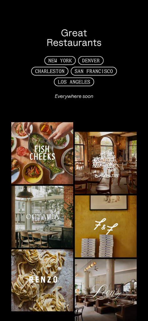 A showcase of featured restaurants and supported cities in the Blackbird VIP dining rewards app