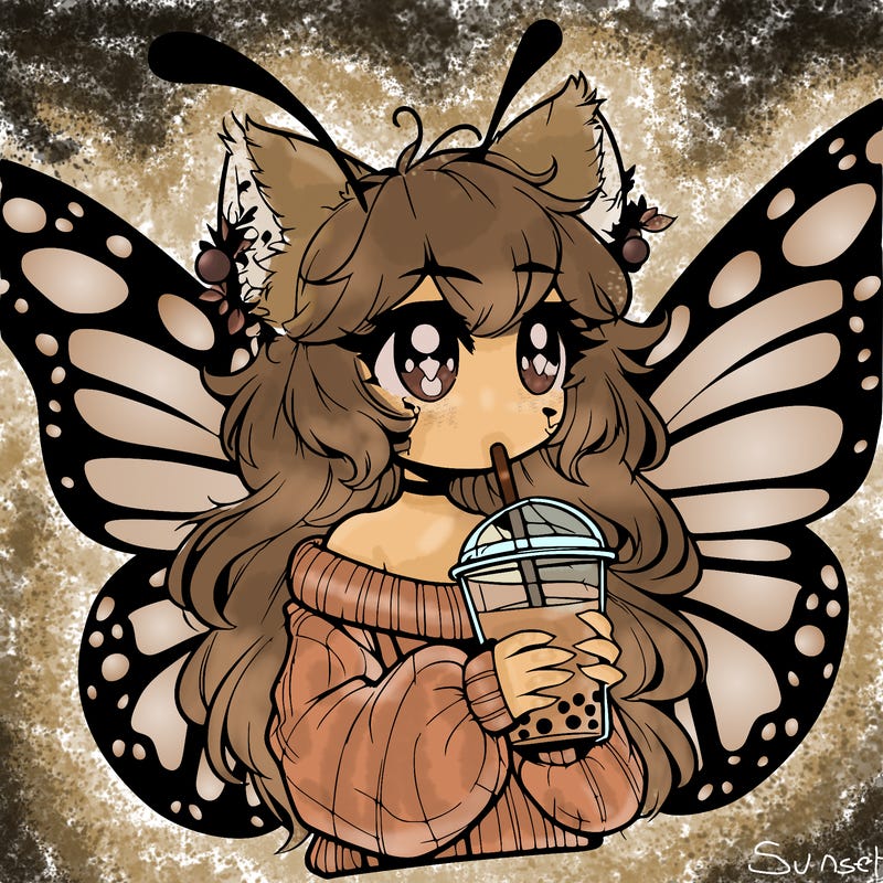 a realistic butterfly/furry girl drinking boba