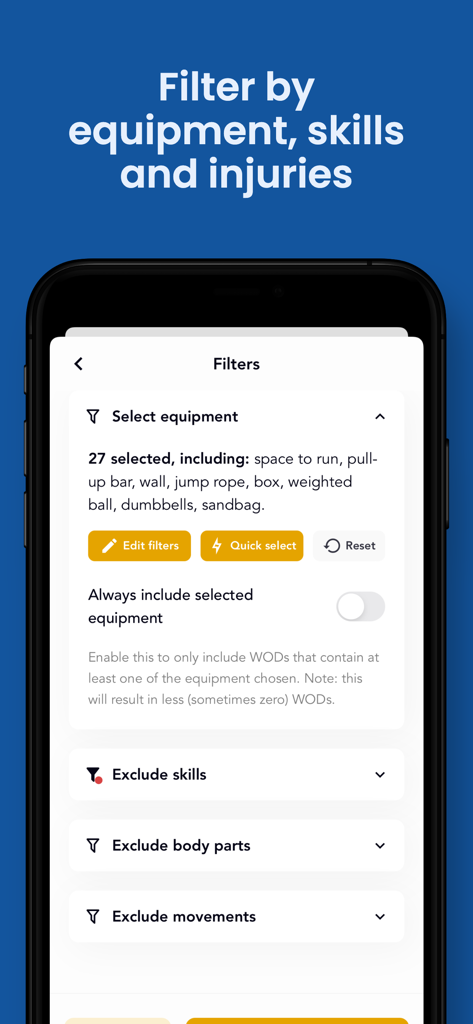 The WOD Generator: Workout - The WOD Generator app filters interface showing equipment selection and injury exclusion options.