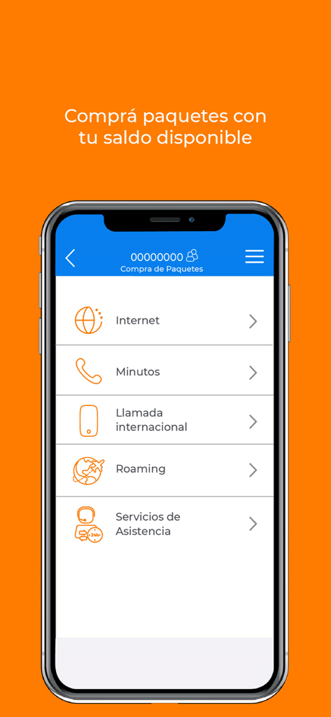 Mi Liberty - Mi Liberty app interface showing options to buy internet minutes and roaming packages