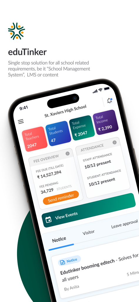 eduTinker: Your Institute App - Panel de control de la aplicación eduTinker que muestra estadísticas de estudiantes y maestros con herramientas de gestión de cuotas y asistencia