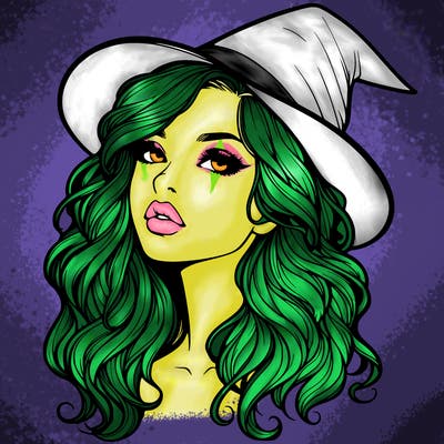 realistic witch girl with wavy hair and lips