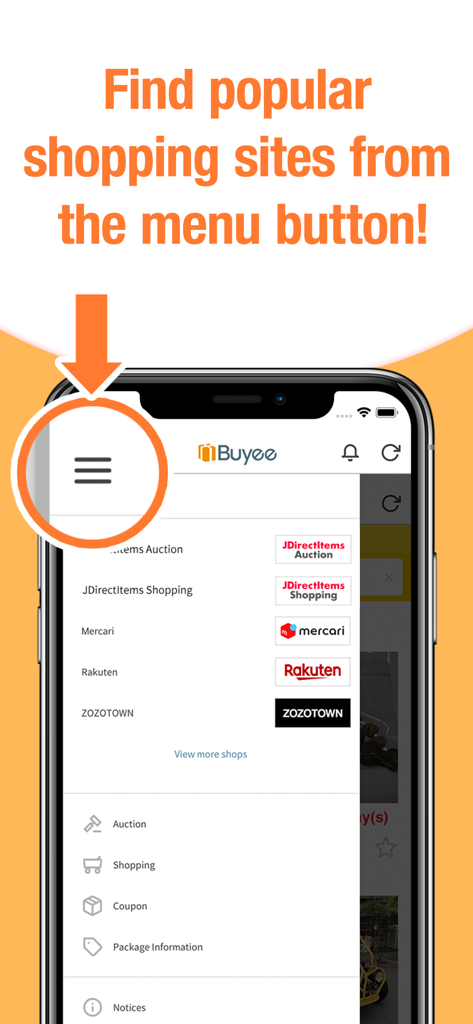 Buyee - Buyeeモバイルアプリのインターフェース。メルカリ、楽天、ZOZOTOWNなどの日本の人気ショッピングサイトをサイドバーメニューに表示。