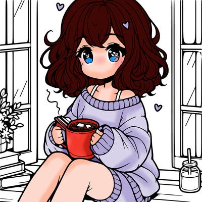 cute anime girl reading book and drinking hot chocolate from mug with loose wavy hair wearing a baggy sweatshirt and shorts sitting by windowsill looking out