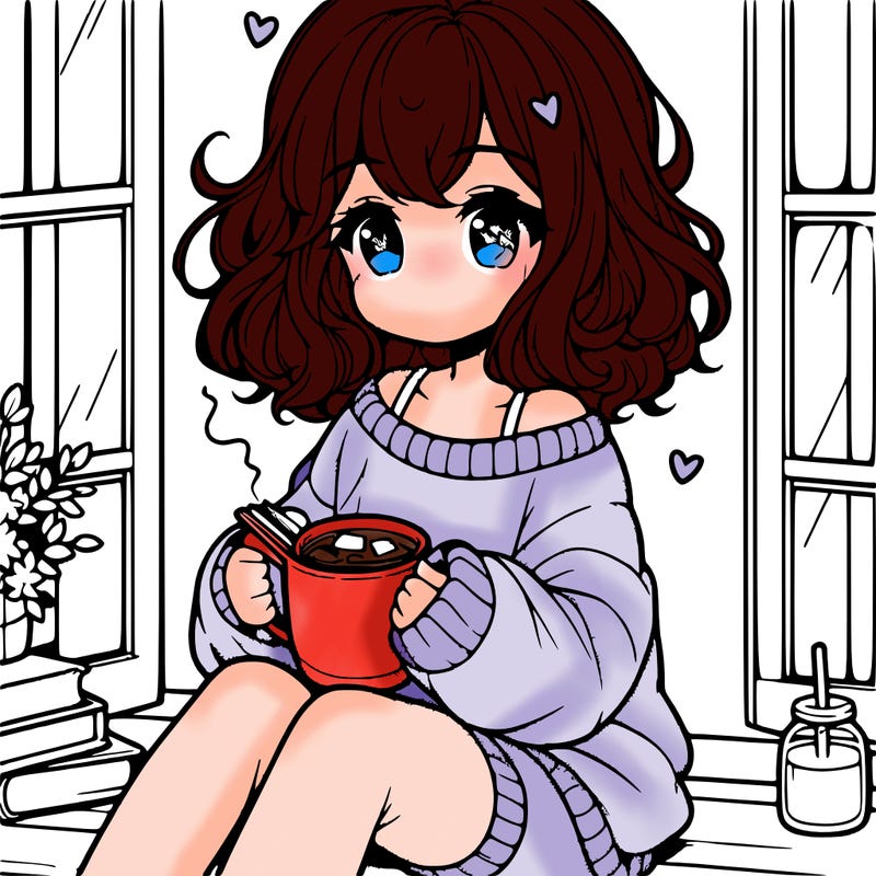 cute anime girl reading book and drinking hot chocolate from mug with loose wavy hair wearing a baggy sweatshirt and shorts sitting by windowsill looking out