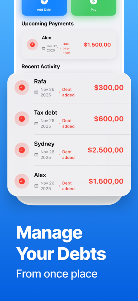 Debt Tracker & Manager - Panel de la aplicación Rastreador y Gestor de Deudas que muestra la actividad reciente de deudas y los próximos pagos