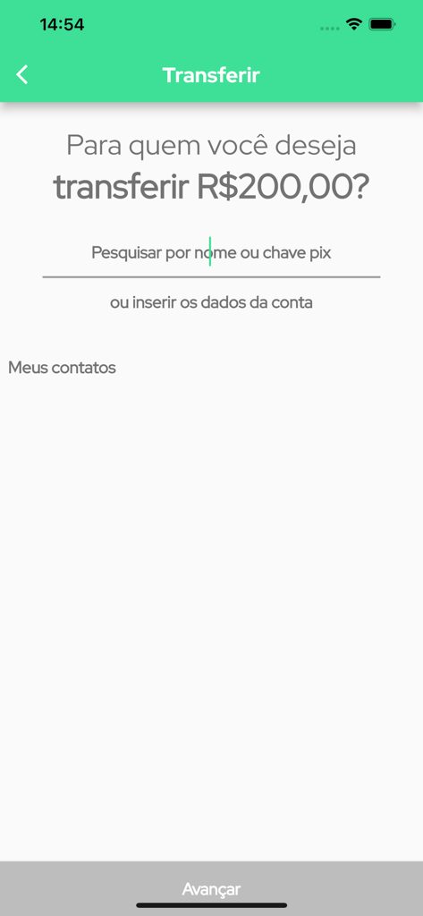 Parcele Já - Conta digital - Tela de transferência bancária digital para pagamentos Pix brasileiros