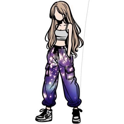 girl in baggy pants crop top and long hair