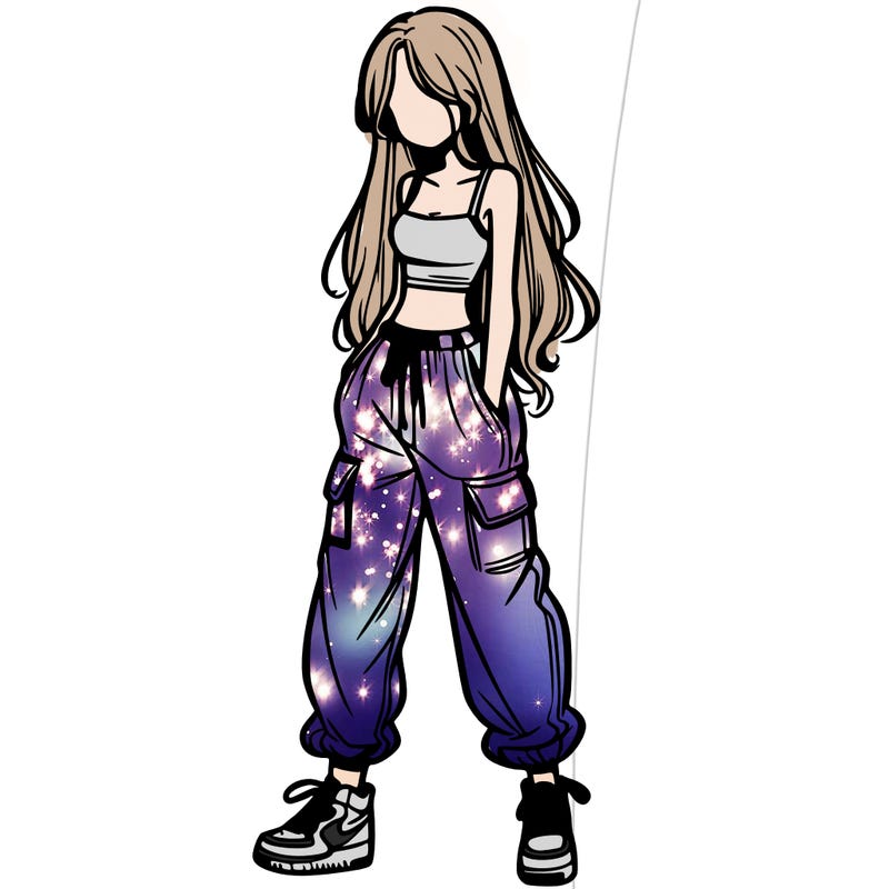 girl in baggy pants crop top and long hair