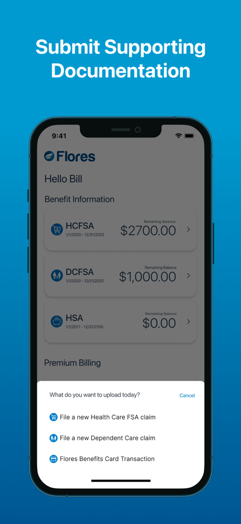 Flores Mobile app interface for submitting documentation and viewing health care benefit account balances