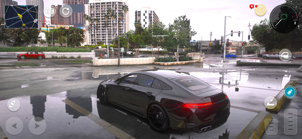 A black luxury sports car parked on a wet city street in a multiplayer car driving game.