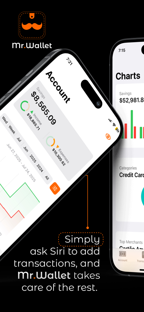 MrWallet: Money Tracker - Panel de la aplicación MrWallet en iPhone mostrando el saldo de ahorros y la función de comando de voz de Siri