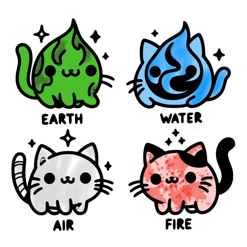 4 cats that represent the different elements, earth, water, air, and fire