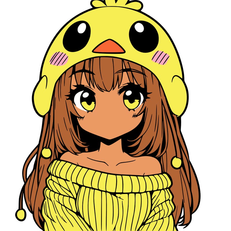 anime girl with chick shaped hat with sweater with bare shoulders with bangs covering them one eye with low tail