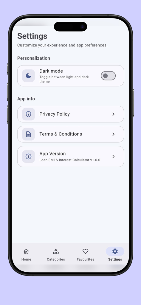 Loan EMI & Interest Calculator - Pantalla de configuración de la aplicación Calculadora de EMI e Intereses de Préstamos que muestra el cambio de modo oscuro y la información de la aplicación