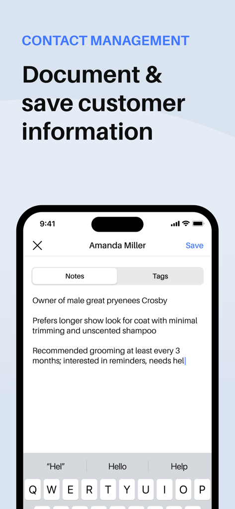 Index app interface for documenting and saving detailed customer notes and information.