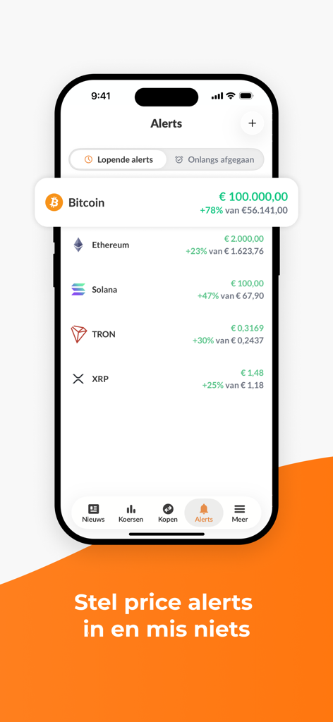 Newsbit: Crypto Nieuws - Pantalla móvil de la aplicación Newsbit mostrando alertas de precios para Bitcoin, Ethereum y Solana