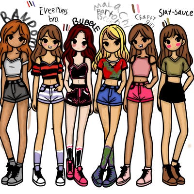 a group of girls wearing crop tops and shorts