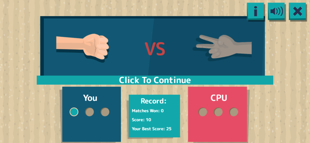 Rock Paper Scissors CTL - Tela de jogo mostrando uma partida entre o jogador e a CPU em Pedra, Papel, Tesoura CTL.