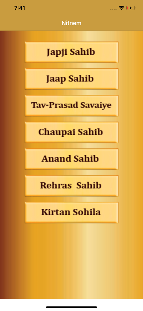 Nitnem Audio - Daily Naam - Main menu of Nitnem Audio app showing a list of seven daily Sikh prayers including Japji Sahib and Jaap Sahib