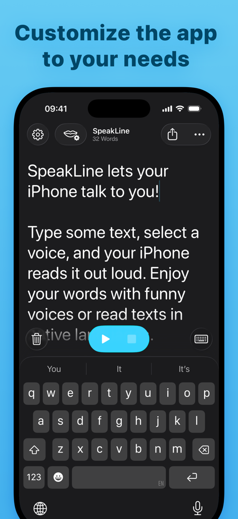 SpeakLine – Text to Speech - iPhone上のSpeakLineテキスト読み上げアプリのインターフェース、ダークモードのテキストエディタと再生コントロールが表示されています。