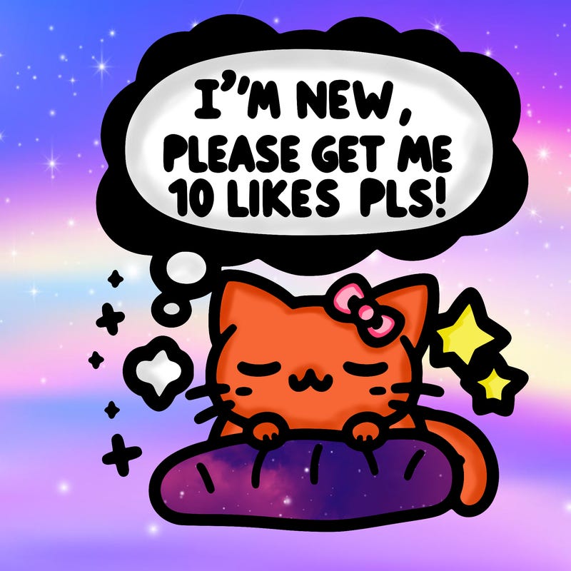 kitty taking a nap dream talking and saying "i'm new, please get me at least 10 likes pls!!"