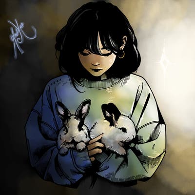 realistic girl with messy bunny baggy sweatshirt and holding bunnies