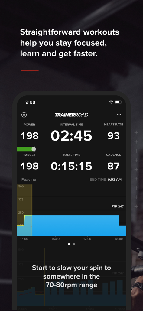TrainerRoad app showing live power heart rate and cadence during a cycling workout