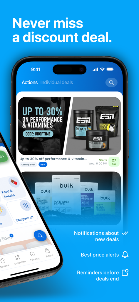 Interfaz de la app móvil DROPTIME que muestra descuentos de suplementos de fitness y notificaciones de alerta de precios