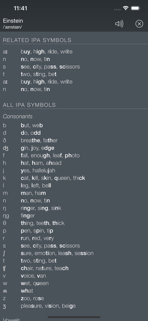 Interface of the Advanced English Dictionary app showing the IPA phonetic symbols guide for word pronunciation.