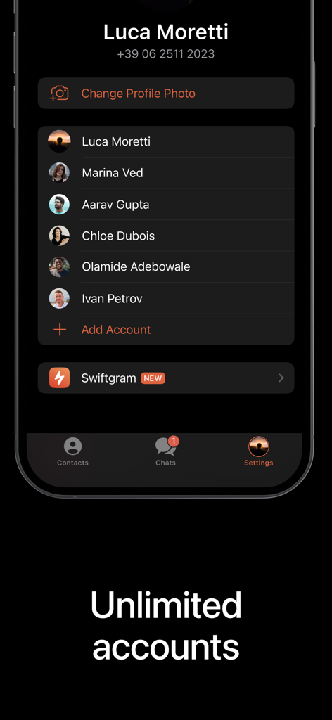 Swiftgram: Telegram mod client - Interfaccia dell'app Swiftgram che mostra più profili utente e la funzione di gestione account illimitati in modalità scura