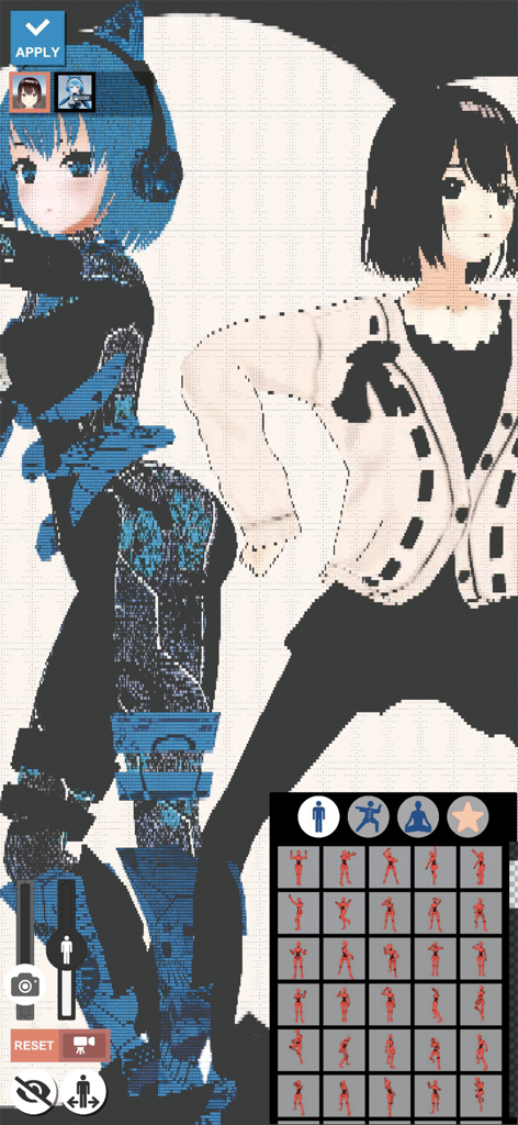 VRM Posing Mobile - Two 3D anime models in a posing app with a menu of preset poses