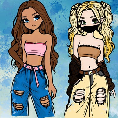 2 girls in crop tops and baggy jeans ripped