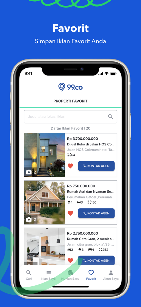 99.co Indonesia - 99.co Indonesia mobile app screen showing a list of saved favorite properties with images and prices
