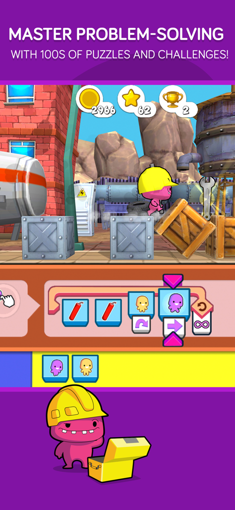 A pink character in codeSpark solving industrial-themed puzzles using a visual coding block interface.