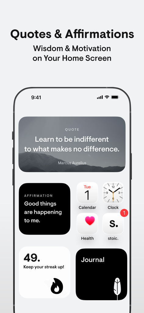 Écran d'accueil de l'iPhone affichant des widgets de l'application stoic. pour les citations quotidiennes, les affirmations et le suivi des habitudes.