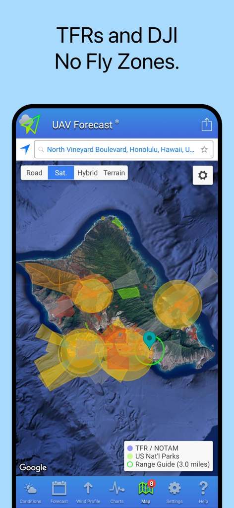 UAV Forecast app screen displaying temporary flight restrictions and DJI no fly zones on a satellite map