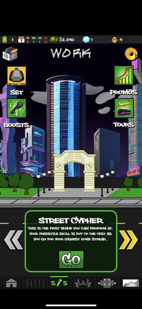Rap Quest 2 game interface showing the Street Cypher venue and career management options.
