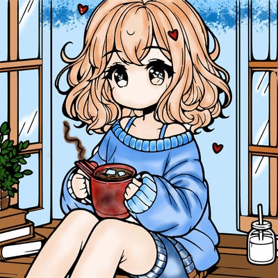 cute anime girl reading book and drinking hot chocolate from mug with loose wavy hair wearing a baggy sweatshirt and shorts sitting by windowsill looking out