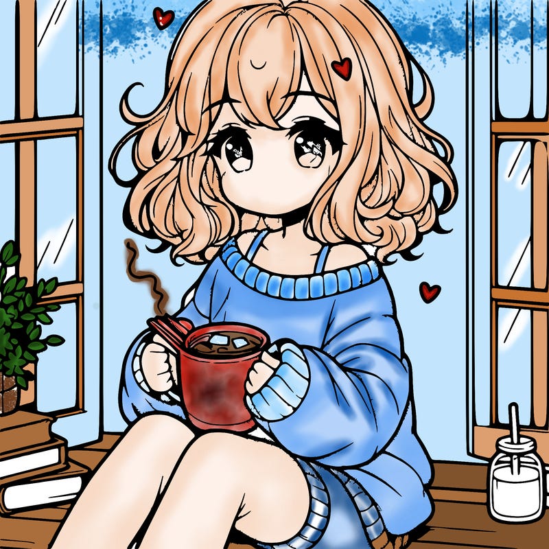 cute anime girl reading book and drinking hot chocolate from mug with loose wavy hair wearing a baggy sweatshirt and shorts sitting by windowsill looking out
