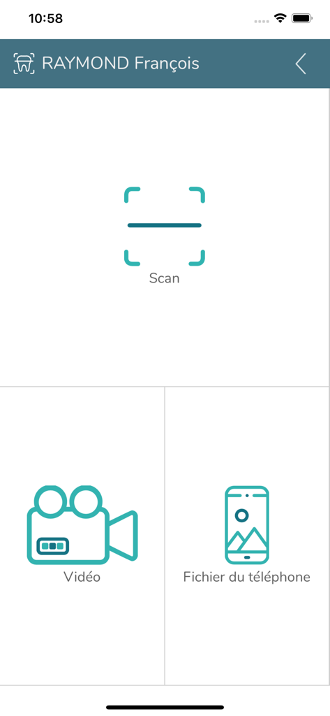 Dental Scan - Main capture interface of Dental Scan app showing scan video and phone file upload options for a patient file