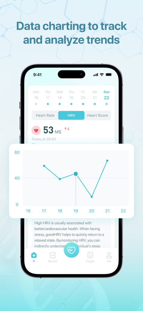 HeartRate Monitor & EZ Fasting - Smartphone screen showing HRV data charting for health trend analysis