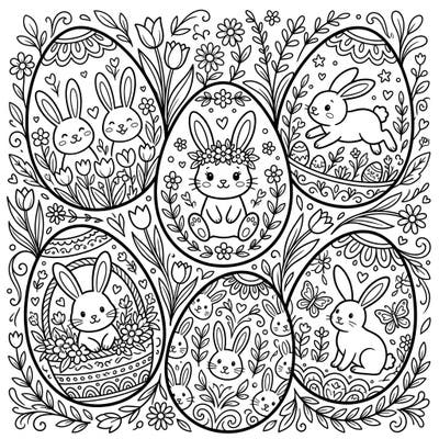 Celebrate Easter with our adorable Bunny Easter Eggs coloring page, specially designed for seniors. This delightful template features large, clear outlines of various bunny scenes within beautifully decorated eggs, perfect for comfortable and enjoyable coloring.